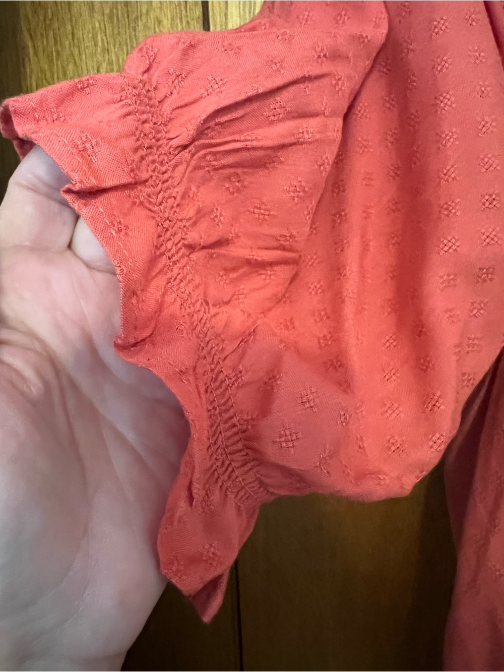 Democracy Coral Smocked Neck Peasant Blouse - Picture 4 of 13